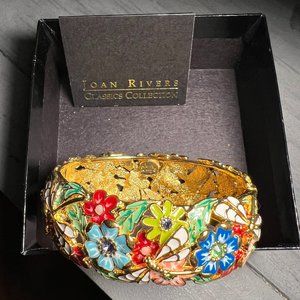 Joan Rivers Enamel Colorful Flowers & Dragonfly Hinged Bangle Bracelet Gold Tone